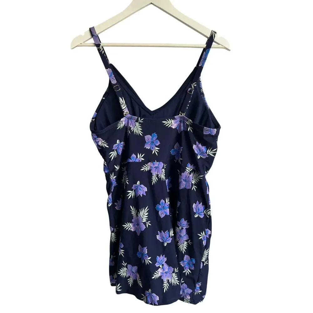 Lands' End Wmns XLARGE V-neck Tulip Wrap UPF 50 Swimsuit One Piece Navy Purple